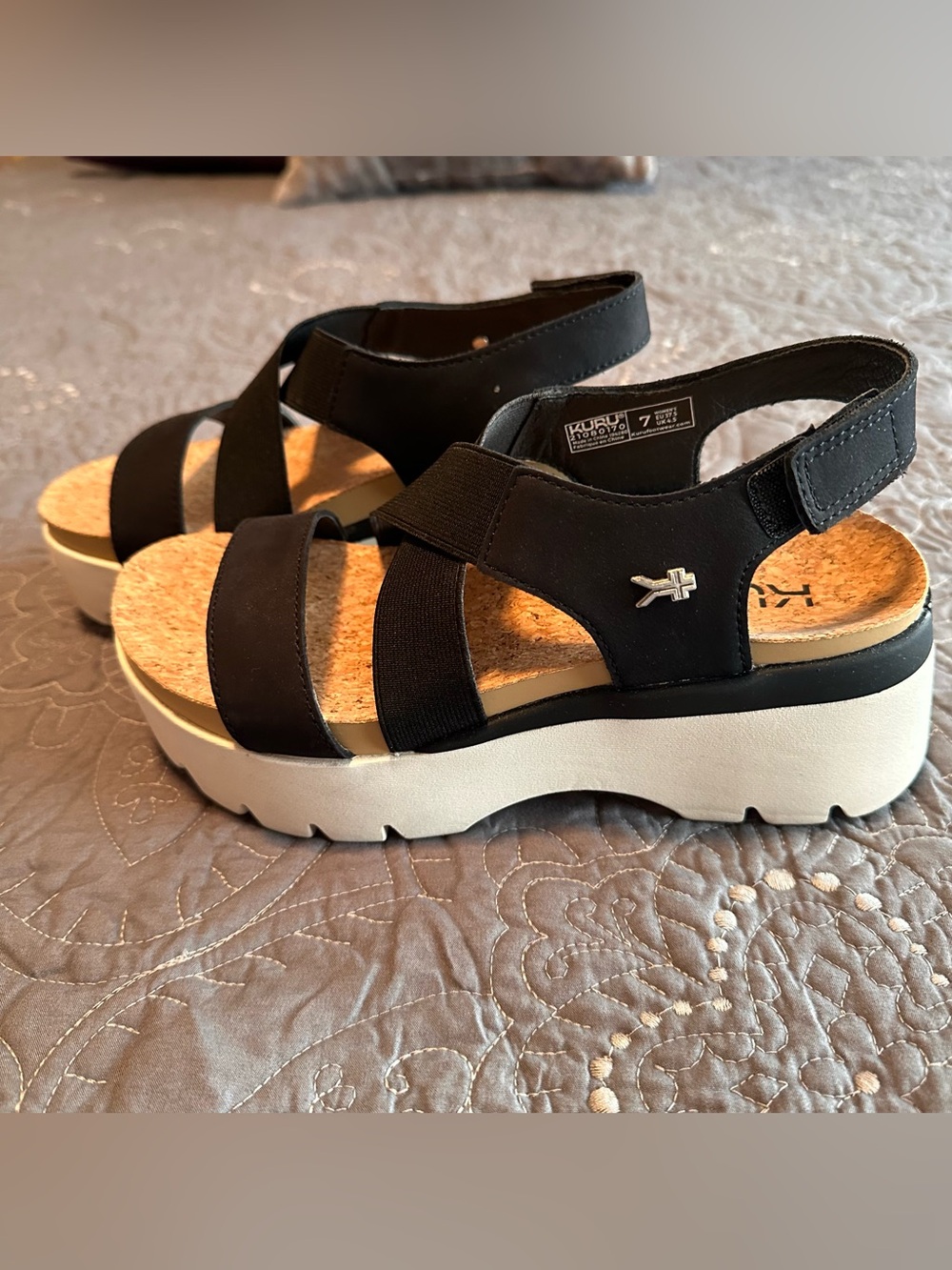 KURU Women’s Black Strappy Sandals with Cream Platform